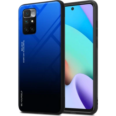 Afbeelding van Cadorabo Hoesje geschikt voor Xiaomi RedMi 10 in BLAUW ZWART Tweekleurige beschermhoes van TPU silicone Case Cover en achterzijde gehard glas