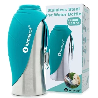 Afbeelding van LumoLeaf Hondendrinkfles voor onderweg, 800 ml roestvrijstalen drinkfles honden, draagbare waterfles, hondenwaterdispenser, reisaccessoires wandelen en kamperen (blauw)