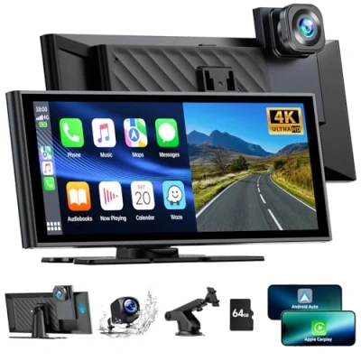 Afbeelding van Lamto autoradio voor Apple Carplay Android Auto met dashcam achter 4K + 1080P, 9,26 inch draagbare draadloze Screen ontvanger Bluetooth 5.0/FM/Siri/Go0gle/Mirror Link/64G