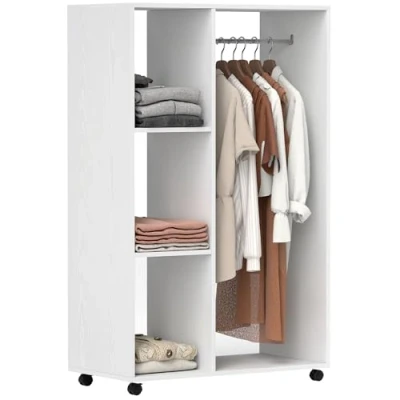 Afbeelding van HOMCOM mobiele kleerkast, houten kast, gangkast, open wit