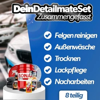 Afbeelding van Sonax Autowasset, glansshampoo concentraat, wasemmer met deksel en vuilval, washandschoen insectengaas, autoreinigingsset voor buiten