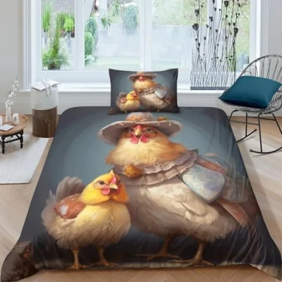 Afbeelding van Chickens Finesse dekbedovertrekset, verborgen rits, schattige dieren dekbedovertrekset met kussenslopen, beddengoedset van zacht microvezel, verschillende maten, voor kinderen en volwassenen,