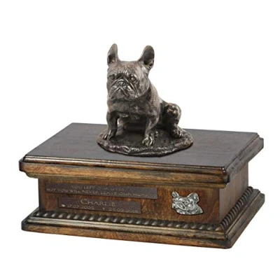 Afbeelding van Art Dog Custom Sitting Statue Memorial Urn Handgemaakt koud gegoten brons op berkenhouten voet 8,3x11,4x8,7 5l Franse Buldog III