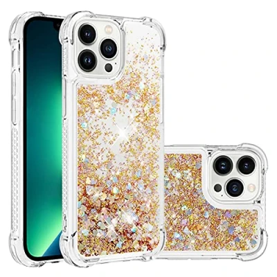 Afbeelding van KBIKO zxl Telefoonhoesje voor de iPhone 14 Pro, glitter drijfzand, meisjes en vrouwen, glitter, quickzand, zachte TPU bumper, siliconen beschermhoes, goud YBL