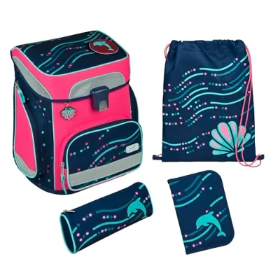Afbeelding van Scooli Schooltas EasyFit Schulranzen Set 5 delig Glow Edition Dotty Dolphin Donkerblauw