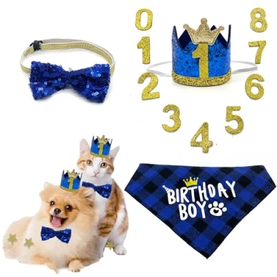 Afbeelding van Verjaardagsvlinderdas voor huisdieren, hoed, verjaardagsfeest, decoratieset verjaardagshoed honden, vlinderdas, feestdecoratie (donkerblauw)