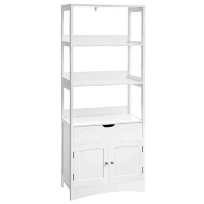 Afbeelding van VASAGLE hoge kast, badkamermeubel, vrijstaande badkamerkast, boekenkast, 3 open vakken, 1 lade en 2 kastdeuren, 60 x 32,5 154 cm, hal, keuken, bureau, wit BBC67WT