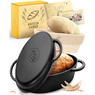 Afbeelding van KRUSTENZAUBER 34 cm gietijzeren braadpan met deksel, geschikt voor de oven, inclusief fermentatiemand, ovale pan, brood bakken, ideaal als ovenvorm, braadpan, inductie, broodbakpan,