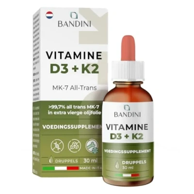 Afbeelding van Bandini® vitamine D3 K2 druppels, in extra vierge olijfolie EVO, cholecalciferol 1000 IE per druppel + MK 7 Menaquinone Kappa 99,7% 100 mcg druppel, met praktische druppelaar