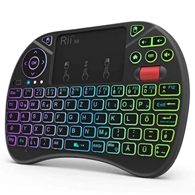 Afbeelding van Rii Mini toetsenbord met touchpad, Smart TV toetsenbord, 2,4 GHz draadloos 8 gekleurde achtergrondverlichting en scrollwiel (Duits, zwart