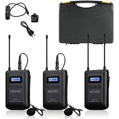 Afbeelding van Movo WMX 20 DUO 48 kanaals UHF Draadloos Lavalier Microfoonsysteem met 1 ontvanger, 2 zenders en reversmicrofoons Compatibel DSLR camera&#039;s (100 m audiobereik)