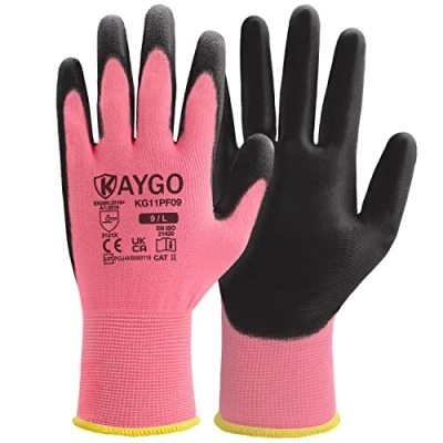 Afbeelding van KAYGO Werkhandschoenen voor heren en dames, PU coating, beschermende handschoenen, antislip handgreep op handpalmen vingers, geschikt doe het zelf algemeen werk, tuinieren, roze, L, maat 9, 12