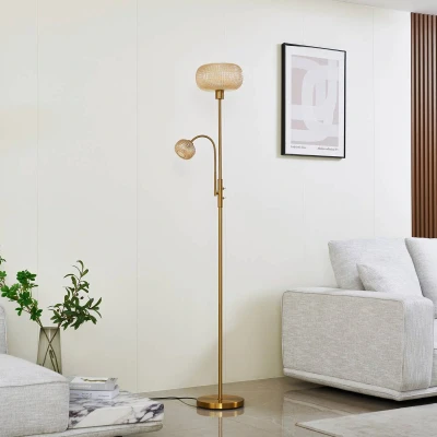 Afbeelding van Lindby vloerlamp Aliette, goud/amber, glas, leeslampje