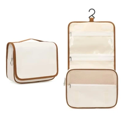 Afbeelding van Kono Reizen hangende toilettas voor dames en heren, waterdichte multifunctionele toiletartikelen, make up uptassen met ophanghaak, uptas volledige container, Beige &amp; Bruin,
