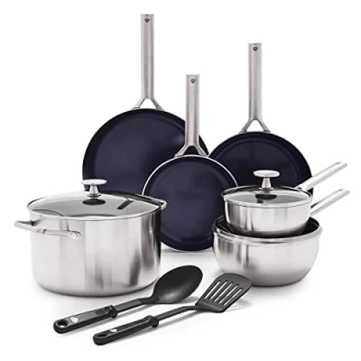 Afbeelding van Blue Diamond Triple Steel 11 Delige RVS Diamantversterkte Keramische Anti aanbak Pannenset, Inclusief Koekenpan, Braadpan, PFAS vrij, RVS, Multi Clad, Inductie,Vaatwasserbestendig,Ovenbestendig,Zilver