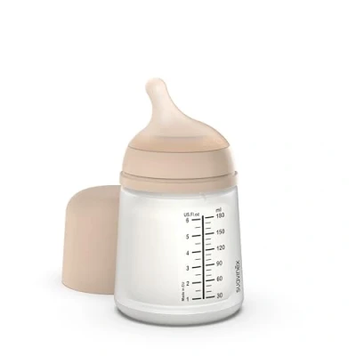 Afbeelding van Suavinex, Zero Anti koliek fles met speen langzame stroom (S) van siliconen, voor baby&#039;s vanaf 0 maanden, ideaal gemengde borstvoeding, die de borst imiteert, babyfles, 180 ml, licht