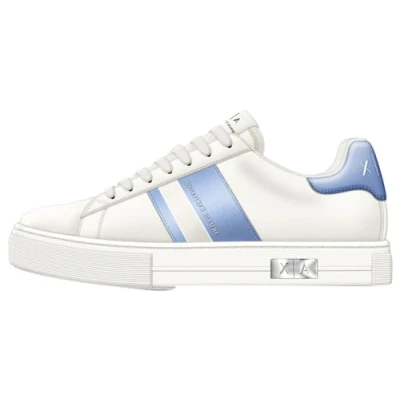 Afbeelding van Armani Exchange Dames Mina Cup Sole, Back Tab met metalen logo op de zijkant, Off White+ Blue, 39,5 EU, gebroken wit blauw, 39.5 EU