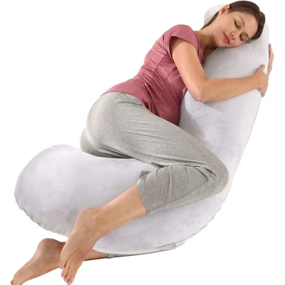 Afbeelding van Earkings Zwangerschapskussen Zijslaapkussen 135x65cm J vorm met Afneembare hoes Body Pillow lichtgrijs