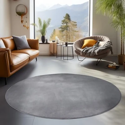 Afbeelding van Laagpolig vloerkleed, Unicolor Monochroom, Vloerkleed Grijs, 120 cm Rond, Tapijten in moderne stijl, Tapijt woonkamer
