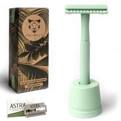 Afbeelding van ANYMALE® Plastic vrij scheermes Mint Edition set met standaard en 5 ASTRA messen nat scheerapparaat voor dames heren
