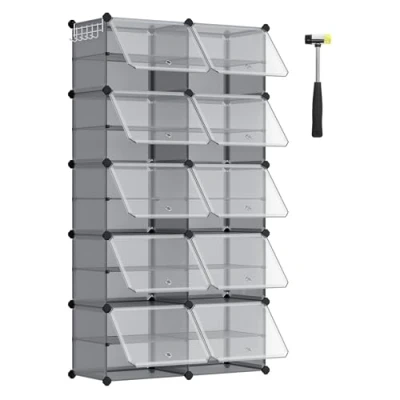 Afbeelding van SONGMICS Schoenenkast met 10 vakken, Schoenenkast, 30 x 40 cm per vak, Smal, deuren, Stalen frame, Kunststof, voor hal, Slaapkamer, Leigrijs LPC035G01