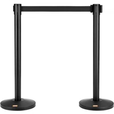 Afbeelding van VEVOR personengeleidingssysteem afzetlint afzetstandaard 2 delig, 3,3 m x 48 mm zwarte oprolbare riem, afzetpaal geschikt voor luchthavens, beurzen, wedstrijdlocaties etc.