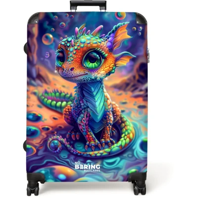 Afbeelding van NoBoringSuitcases.com® Koffer groot Reiskoffer lichtgewicht Kleurrijk draakje in fantasiewereld Rolkoffer met 4 wielen Grote trolley XL 98 liter bagage