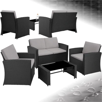 Afbeelding van tectake® Wicker tuinloungeset 2 zitsbank fauteuils en 1 tafel met afneembaar glazen blad Comfortabele zit rugkussens Voor tuin, terras, balkon div. kleuren (zwart/grijs)