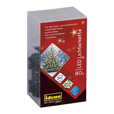 Afbeelding van Idena 30438 Led lichtsnoer met 80 leds, warmwit, 8 lichtfuncties, 6 uur timerfunctie, werkt op batterijen, ca. 6,5 m lang, voor binnen en buiten, feestjes, Kerstmis, decoratie