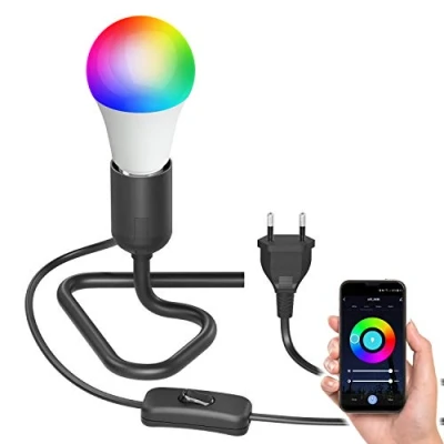 Afbeelding van ledscom.de Tafellamp TRIN met E27 fitting Driehoekige lampvoet zwart stekker en schakelaar incl. Smart Home RGBW LED lamp, 8,89W, 892lm
