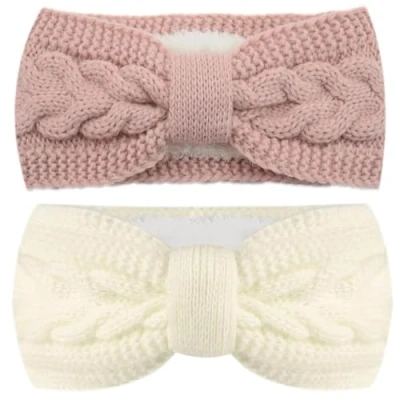 Afbeelding van 2 stuks gebreide hoofdband voor dames, dikke haarband, oorwarmer, elastisch, winterhoofdband, elastische oorwarmer meisjes (roze, wit)