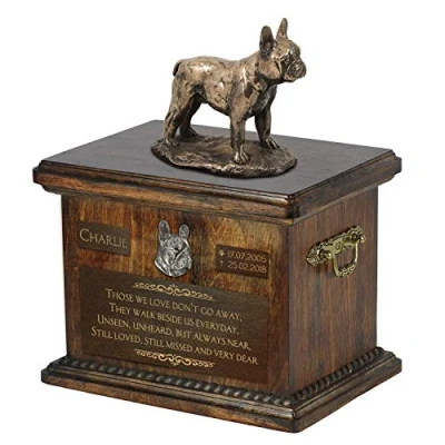 Afbeelding van Art Dog Custom Sitting Statue Memorial Urn Handgemaakt koud gegoten brons op berkenhouten voet 8,3x11,4x8,7 5l Franse bulldog