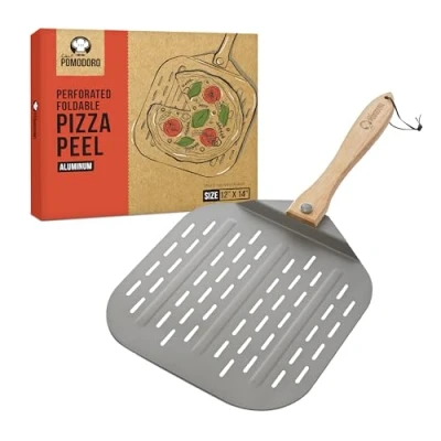 Afbeelding van Chef Pomodoro pizzaschep van geperforeerd aluminium metaal met opvouwbare houten handgreep voor eenvoudig opbergen, pizzaspatel, premium gaten (30 x 36 cm)