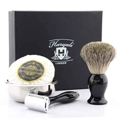Afbeelding van Haryali London scheerset 4 delige scheerkit dubbele rand veiligheidsscheermes Super dassenscheerkwast scheerzeep scheerkom scheerschaal als cadeau zwarte kleur veiligheidsscheermeset