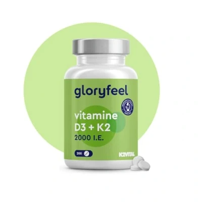 Afbeelding van Vitamine D3 en K2 200 tabletten 2000 IE + 100 µg Premium: K2VITAL® van Kappa 99,7% All Trans MK7 Laboratorium getest gemaakt in Duitsland