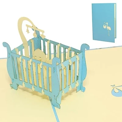 Afbeelding van LINPopUp®, LIN17819, pop up kaart, geboorte, 3D wenskaart, geboortekaart, kinderbed, jongen, baby, N99