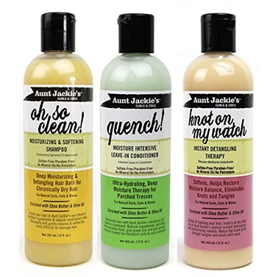 Afbeelding van Aunt Jackie&#039;s Curls &amp; Coils TRIO BUNDELING Oh so Clean Shampoo 355 ml Quench Moisture Intensive Leave in Conditioner Knot On My Watch Detangler