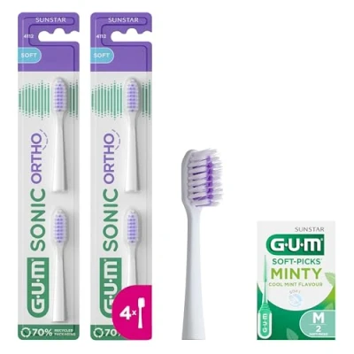 Afbeelding van GUM SONIC ORTHO Vervangende Koppen voor Tandenborstel Op Batterijen Zacht de tanden en het tandvlees X2 Verpakkingen Van 2 (x4 Navulkoppen In Totaal) +1 gratis sample Wit