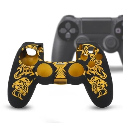 Afbeelding van Hoesje voor PS4 controller, siliconen controller hoes, hoes zachte skin grip shell cover Playstation 4 (zwart en geel)
