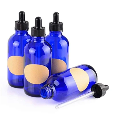 Afbeelding van stonylab 4 Pack Glazen Druppelflesje, Lege Fles met Druppelaar, Binnenste Plug en Label voor Etherische Oliën Aromatherapie Geuren (120 ml, Blauw)