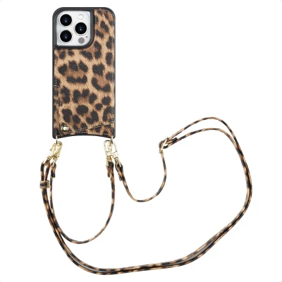 Afbeelding van Selencia Hoesje Geschikt voor iPhone 15 Pro met Pasjeshouder Nova Backcover koord en pashouder Leopard