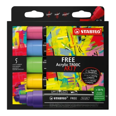 Afbeelding van STABILO FREE Acryl Marker T800C Schuine Punt 4 10 mm Set Seaside Met 5 Verschillende Kleuren