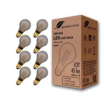 Afbeelding van 8x greenandco® Vintage Design LED lamp voor sfeerverlichting E27 A60 Edison 2W 45lm 2000K rook extra warm wit 320 230V flikkervrij, niet dimbaar