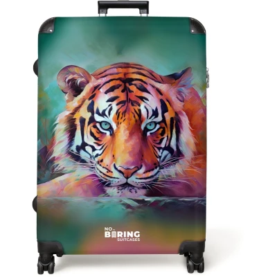 Afbeelding van NoBoringSuitcases.com® Koffer groot Reiskoffer lichtgewicht Olieverf kunstwerk van een liggende tijger Rolkoffer met 4 wielen Grote trolley XL 98 liter bagage