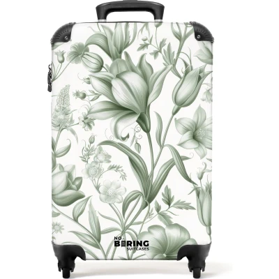 Afbeelding van NoBoringSuitcases.com® Handbagage koffer lichtgewicht Reiskoffer trolley Wit met groene bloemen Rolkoffer wieltjes Past binnen 55x40x20 en 55x35x25