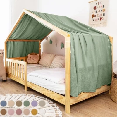 Afbeelding van lilimaus huisbed hemel [in 12 kleuren] bedhemel van 100% katoen mousseline stoffen voor decoratie meisjes en jongens kinderen bedgordijn kinderbed