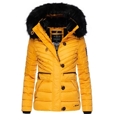 Afbeelding van Navahoo Wisteriaa Winterjas voor dames, gewatteerde jas met afneembare capuchon van imitatiebont, XS XXL, geel,