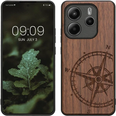 Afbeelding van kwmobile telefoonhoesje geschikt voorXiaomi Redmi Note 14 5G Hoesje met bumper walnoothout In donkerbruin Vintage Kompas design