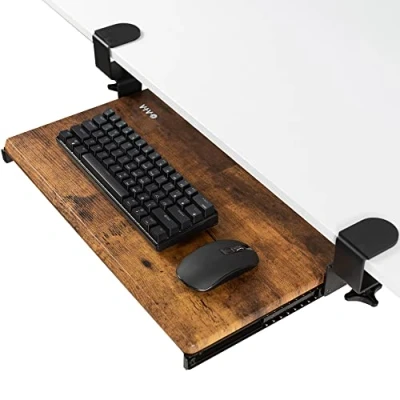 Afbeelding van VIVO Kleine toetsenbordlade, uittrekbaar onder bureau met extra stevig C klembevestigingssysteem, 20 (26 klemmen) x 28 cm uitschuifbare platformlade, rustieke vintage bruine bovenkant, zwart