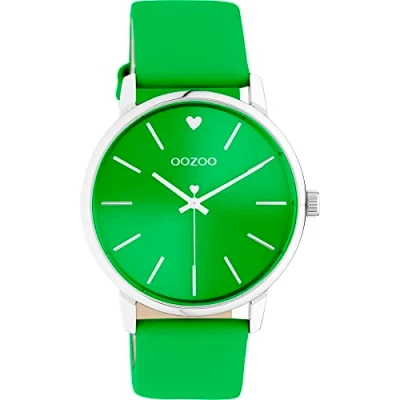 Afbeelding van Oozoo Vintage dameshorloge zilveren polshorloge dames met 20 mm leren armband analoog in rond, rookgroen., groß, Riemen.